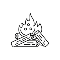 Campfire logs in a stacked triangular shape flames at top showing rings and splits in a monochrome line drawing