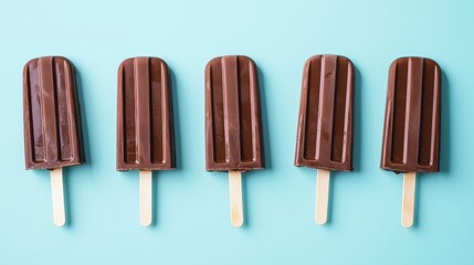Delicious chocolate popsicles arranged neatly on a blue background, refreshing summertime treat with sticks and a glossy finish appealing to dessert lovers