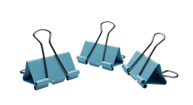 Three light blue binder clips arranged on a dark background showcasing office supplies and stationery items