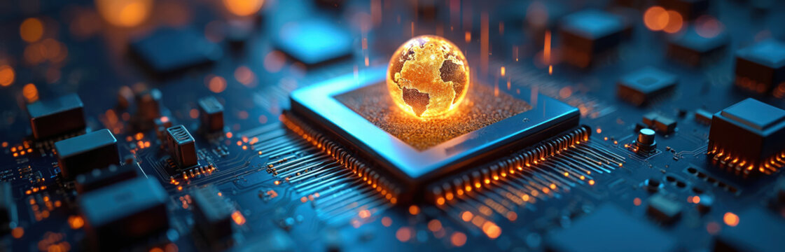 Close up of glowing world globe on computer circuit board. Microchip processor represents global digital network. Advanced tech powers modern worldwide communication systems. - Powered by Adobe