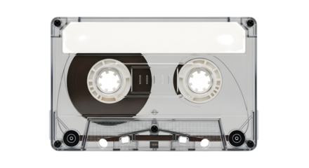 Retro audio cassette tape with clear plastic casing and visible magnetic tape on black background