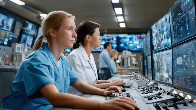 Focused Eyes: Professionals in a command center, diligently monitoring data streams on multiple screens. Capturing the intensity of vigilance and control in a high-tech environment.