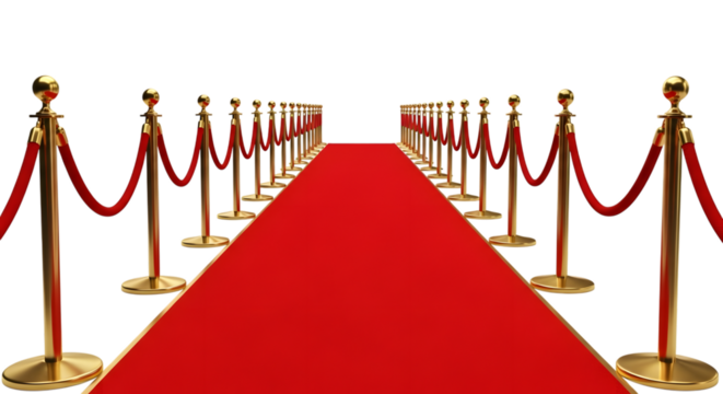 Luxurious red carpet lined with golden stanchions and velvet ropes leading to an exclusive event entrance
