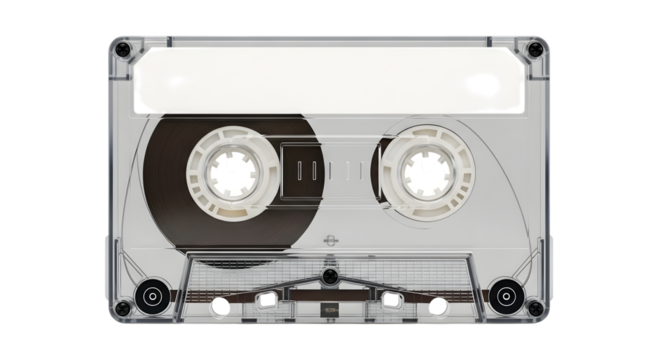 Retro audio cassette tape with clear plastic casing and visible magnetic tape on black background