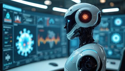 AI robot monitors outbreak via digital interface. Cyborg analyzes virus data on screens. Futuristic concept displays machine learning systems with automation, medical network tracking global health