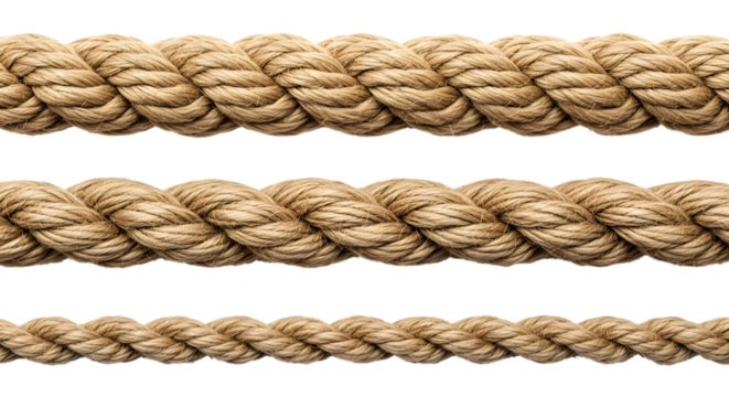 Close up macro view of three natural fiber ropes of varying thickness against a dark background