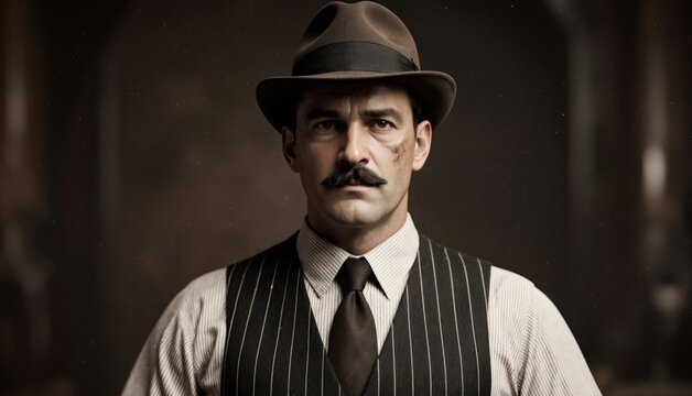 Mysterious gentleman in vintage attire standing confidently in dimly lit room Generative AI