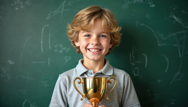 Smiling boy holds golden trophy in front of chalkboard with math formulas. He is winner child, celebrates achievement, receives award, shows success and happiness.
