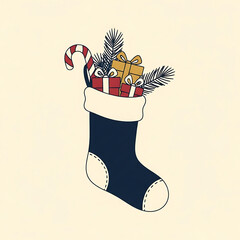 Christmas stocking filled with gifts, candy cane, and pine branches  