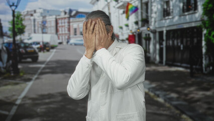 Fototapeta premium Man covering face with hands on street in city wearing white coat and glasses; distress aging solitude.