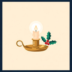 Candle with holly leaves in antique holder on light background  