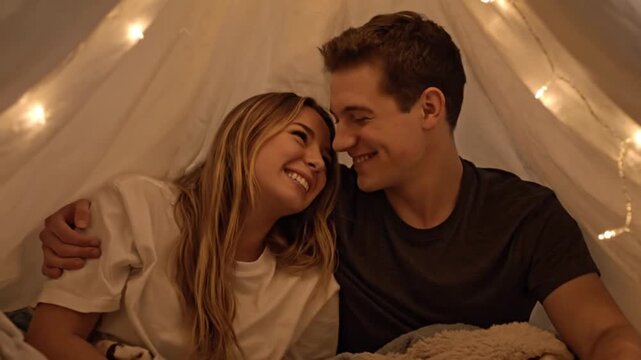 A happy young couple smiles at each other inside a cozy blanket fort adorned with warm string lights.