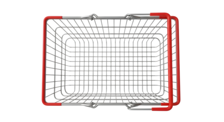 Empty metal shopping basket with red handles viewed from above on a black background