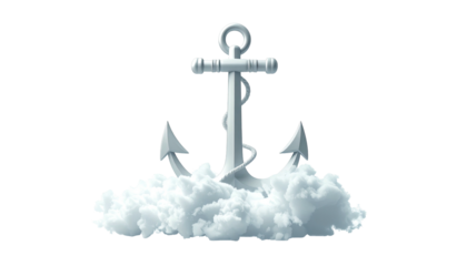 A metallic anchor rests atop stylized fluffy clouds, rendered against a stark black background