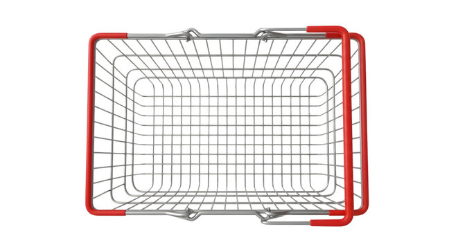 Empty metal shopping basket with red handles viewed from above on a black background