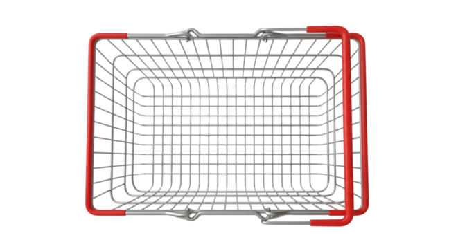 Empty metal shopping basket with red handles viewed from above on a black background