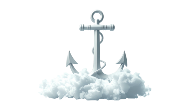 A metallic anchor rests atop stylized fluffy clouds, rendered against a stark black background