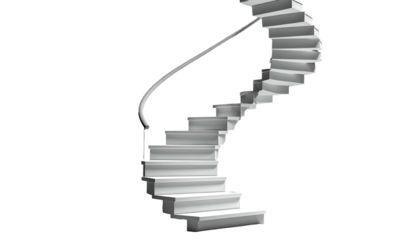 A winding, white, curved staircase with a smooth railing against a stark black background