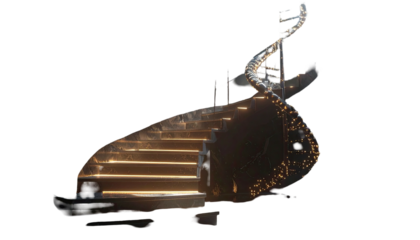 Illuminated, transparent helical structure with steps, ascending with an ethereal, glowing trail