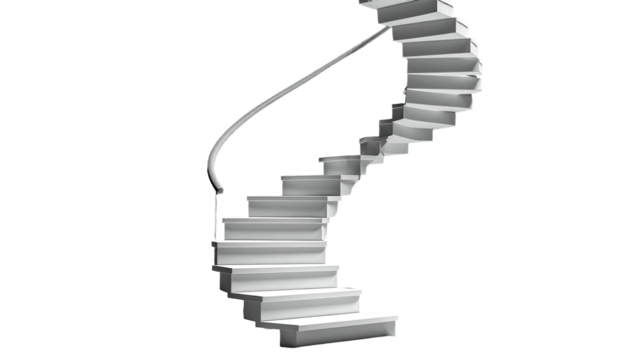 A winding, white, curved staircase with a smooth railing against a stark black background - Powered by Adobe