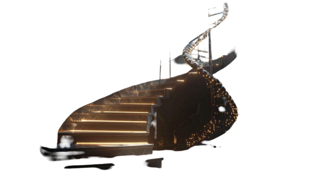 Illuminated, transparent helical structure with steps, ascending with an ethereal, glowing trail