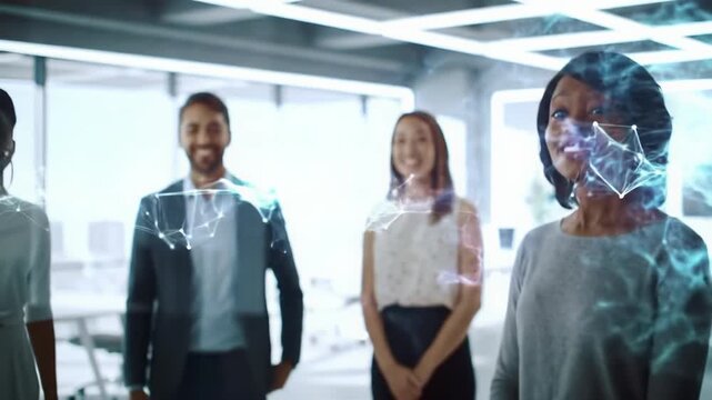 A diverse person's hand (30s-40s) in business casual gently touches an interactive glass screen displaying a network graph, with a luminescent ripple of blue and white light emanating, revealing a - Powered by Adobe
