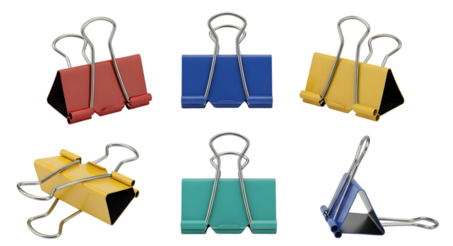 Collection of colorful binder clips and bulldog clips arranged on a black background for office supplies and stationery concepts