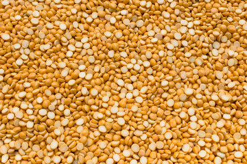 A vibrant, close-up, full-frame texture of split yellow peas (dal), a staple ingredient in Indian cuisine, showcasing a rich culinary background from India.