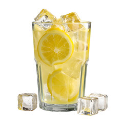 Glass of lemonade with ice cubes isolated on transparent background