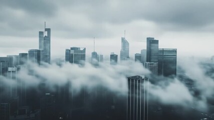 Moody cityscape with towering skyscrapers piercing through dense fog and low clouds. Urban skyline veiled in atmospheric mist. - Powered by Adobe