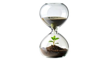 An hourglass shows time passing, with soil above, a plant growing below. Black background