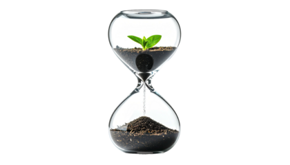 Hourglass with soil, a plant, against black, symbolizing growth, time, and earth