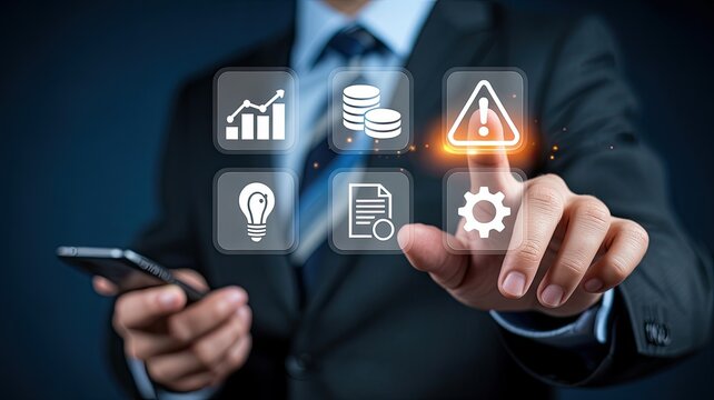 Businessman uses smartphone to interact with digital icons for business growth and strategy