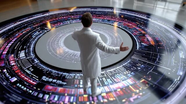 Data Maestro: A scientist, immersed in a circular data display, orchestrates the complex web of information, showcasing the beauty of scientific exploration and technological advancement.