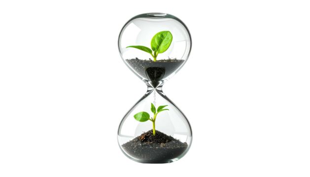 Hourglass with plant growth, symbolizing time, transformation, and life's passage