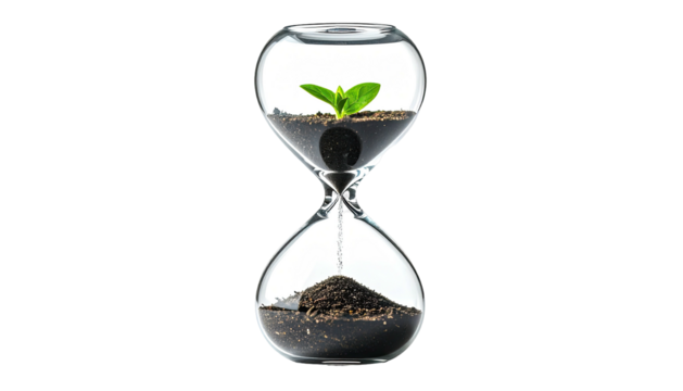 Hourglass with soil, a plant, against black, symbolizing growth, time, and earth