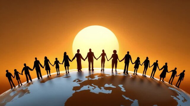 United in the World: A global circle of connected people symbolizing unity, standing united against the backdrop of a radiant setting sun, representing the shared hopes and dreams.