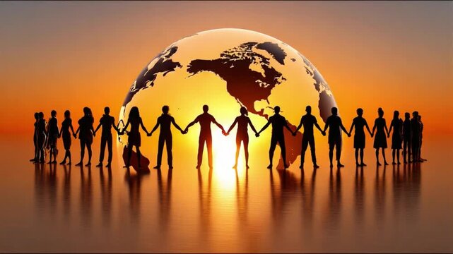 Global Unity: A silhouette of diverse individuals standing hand in hand, united against the backdrop of a globe at sunset, symbolizing global harmony.