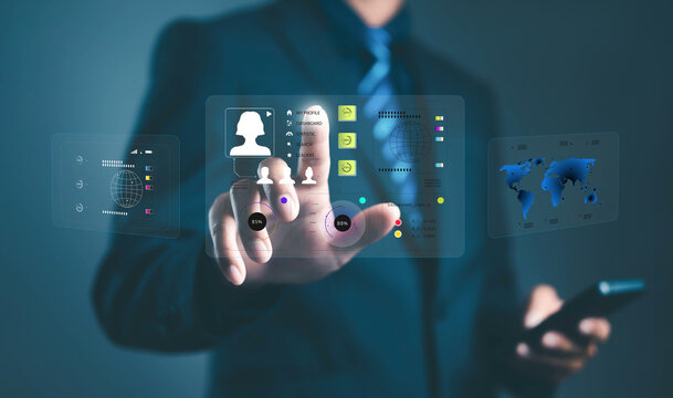 Businessman using futuristic digital interface dashboard with data analytics, global network, and virtual technology screen, symbolizing innovation, big data, and smart business management in digital. - Powered by Adobe