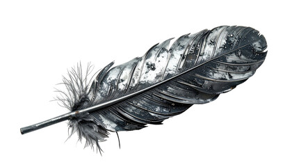 A close-up studio shot depicts a silver feather against a stark, black background