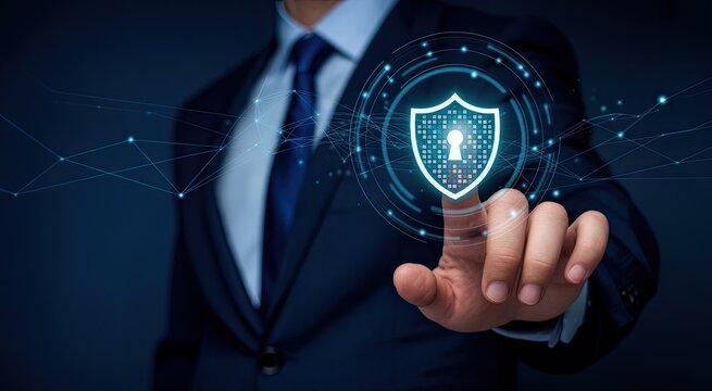 Professional businessman secures digital data with futuristic shield interface technology - Powered by Adobe
