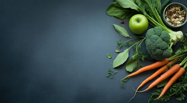 Fresh vibrant vegetables and apple arranged artfully on dark background