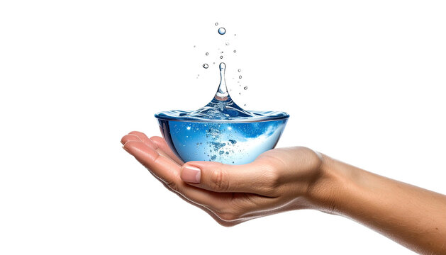 A hand gracefully cradles a transparent bowl filled with water, droplets splashing upwards