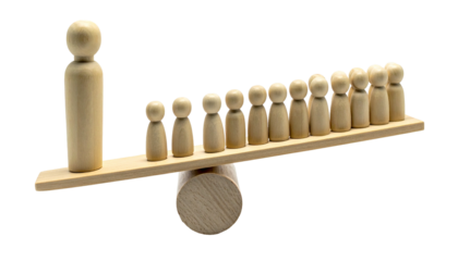 Wooden peg people on a seesaw, demonstrating balance and inequality against a black background