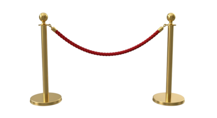 Elegant brass stanchions with red velvet rope barrier for vip access and crowd control on black background