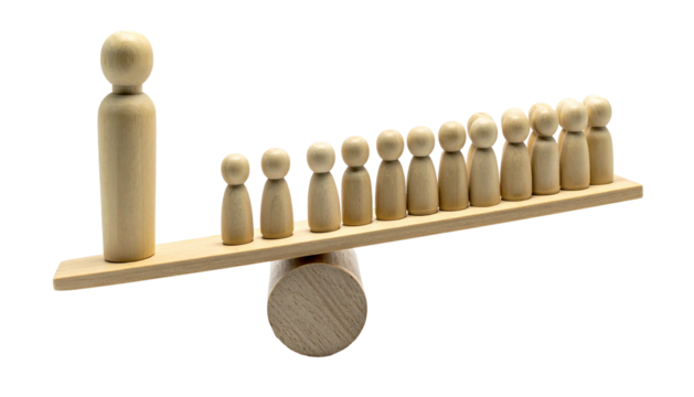 Wooden peg people on a seesaw, demonstrating balance and inequality against a black background