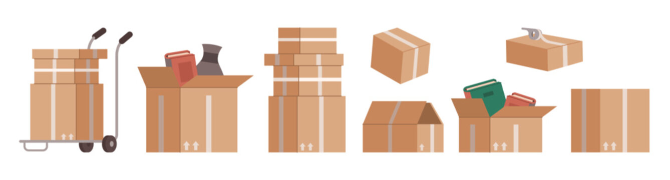 Cardboard boxes for packing and delivery of items and goods. Vector isolated closed and opened parcels collection with no logos or text, filled paper bags with tapes for moving out or transportation