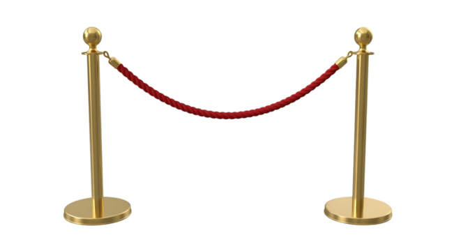 Elegant brass stanchions with red velvet rope barrier for vip access and crowd control on black background