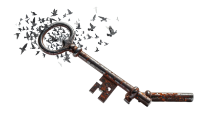 An aged, ornate iron key with rust, fading into a cloud of shadowy birds on a black backdrop
