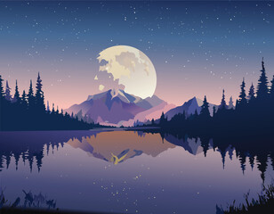 Fototapeta premium Full moon over mountain lake with forest and starry sky reflection